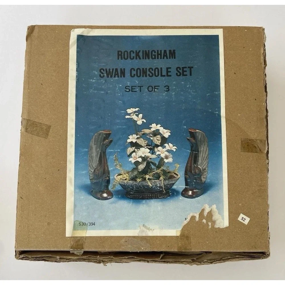 Vintage Swan Planter Set Rockingham Brown‎ Drip Glaze Console Mid Century W Box